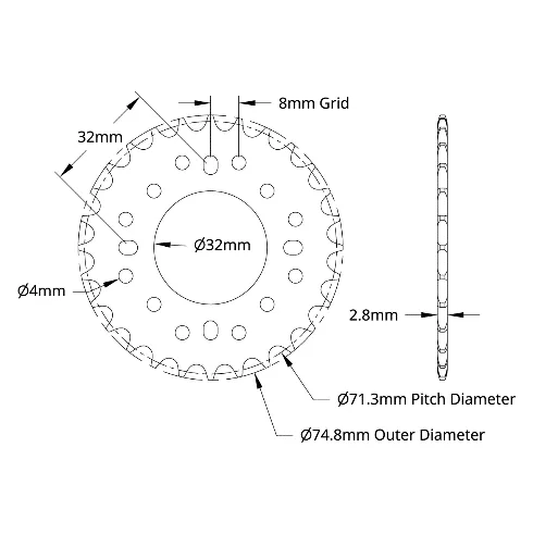5310 Series 8mm Pitch Aluminum Hub Mount Sprocket (32mm Bore, 28 Tooth) technical drawing