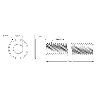 2800 Series Zinc-Plated Steel Socket Head Screw (M4 x 0.7mm, 22mm Length) technical drawing