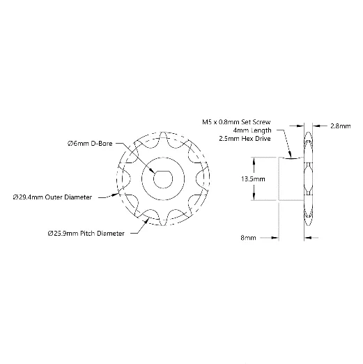 5307 Series 8mm Pitch Steel Set-Screw Sprocket (6mm D-Bore, 10 Tooth) technical drawing