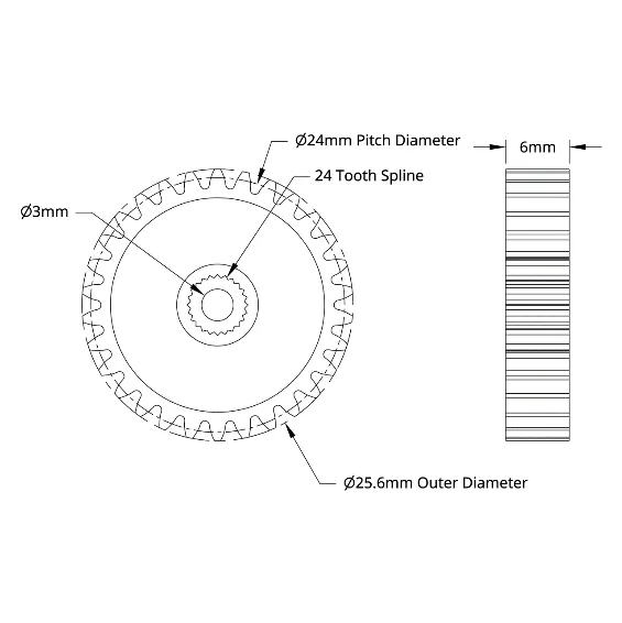 4307 Series Steel, MOD 0.8, Servo Gear (24 Tooth Spline, 30 Tooth) technical drawing
