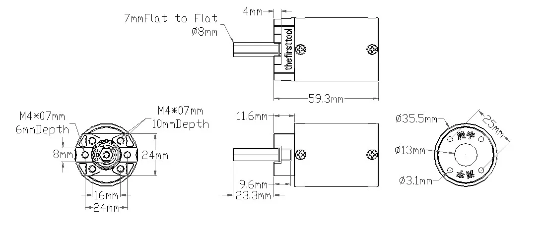 7103 Series Planetary Gearbox (188:1 Ratio, 24mm Length 8mm REX Shaft) technical drawing