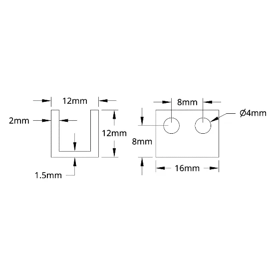 3101 Series U-Beam (2 Hole, 16mm Length) technical drawing