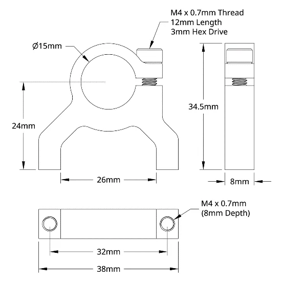 3400 Series 1-Side, 2-Post Clamping Mount (15mm Bore) technical drawing