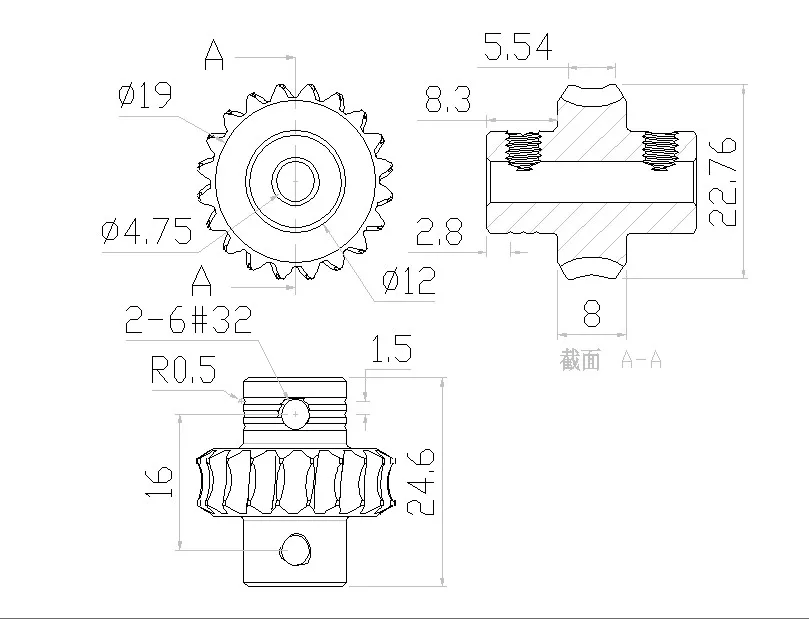 10:1 Worm Gear set technical drawing