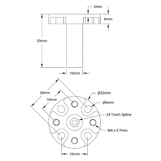 3910 Series Servo Hub Shaft (24 Tooth Spline, 10mm Shaft Diameter, 33mm Length) technical drawing