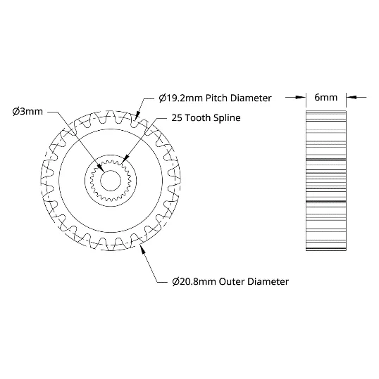 4305 Series Brass, MOD 0.8, Servo Gear (25 Tooth Spline, 24 Tooth) technical drawing