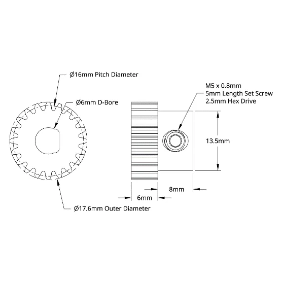 4301 Series Brass, MOD 0.8, D-Bore, Set Screw Pinion Gear (6mm D-Bore, 20 Tooth) technical drawing