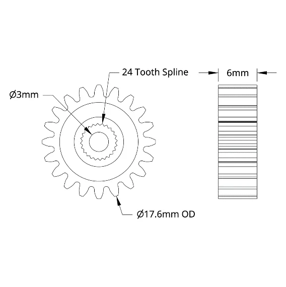 4307 Series Steel, MOD 0.8, Servo Gear (24 Tooth Spline, 20 Tooth) technical drawing