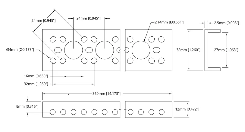3143 Series Mini Low-Side U-Channel (14 Hole, 360mm Length) technical drawing