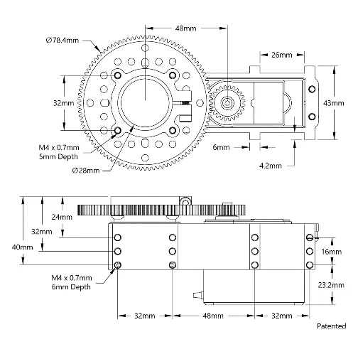 5206 Series Servo Gearbox for large Size Servos( 4:1 Ratio,no servo) technical drawing