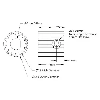 4303 Series Steel, MOD 0.8 Pinion Gear (6mm D-Bore, 15 Tooth) technical drawing