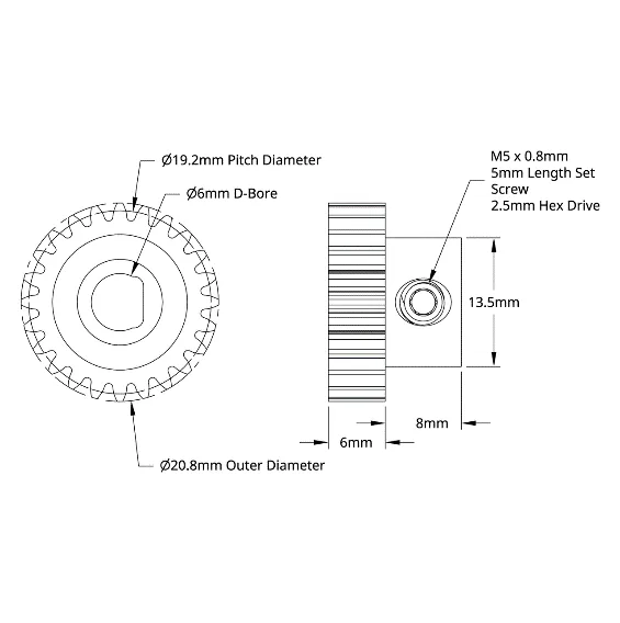 4301 Series Brass, MOD 0.8, D-Bore, Set Screw Pinion Gear (6mm D-Bore, 24 Tooth) technical drawing