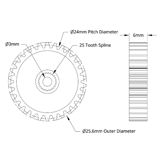 4307 Series Steel, MOD 0.8, Servo Gear (25 Tooth Spline, 30 Tooth) technical drawing