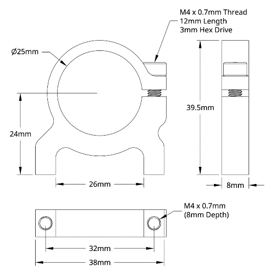 3400 Series 1-Side, 2-Post Clamping Mount (25mm Bore) technical drawing