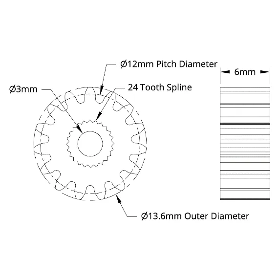4307 Series Steel, MOD 0.8, Servo Gear (24 Tooth Spline, 15 Tooth) technical drawing