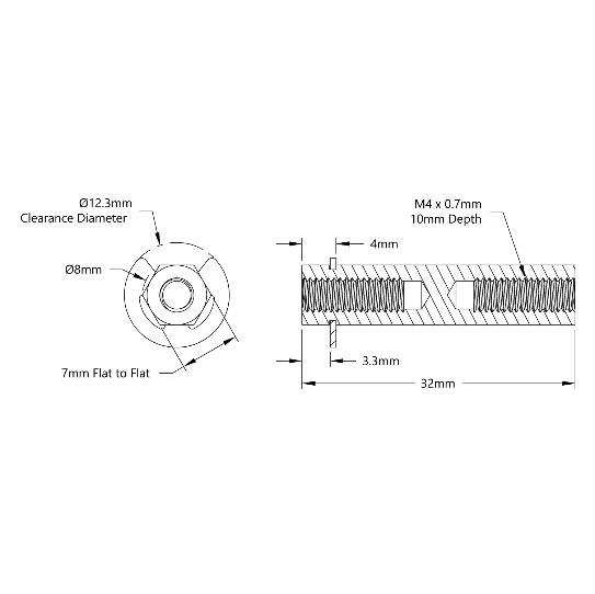 4106 Series Stainless Steel REX Shaft (8mm Diameter, 32mm Length) technical drawing