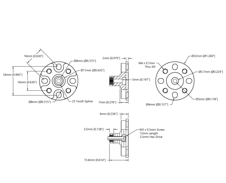 3910 Series Servo Hub-Shaft (25 Tooth Spline, 8mm Shaft Diameter, 16mm Length) technical drawing