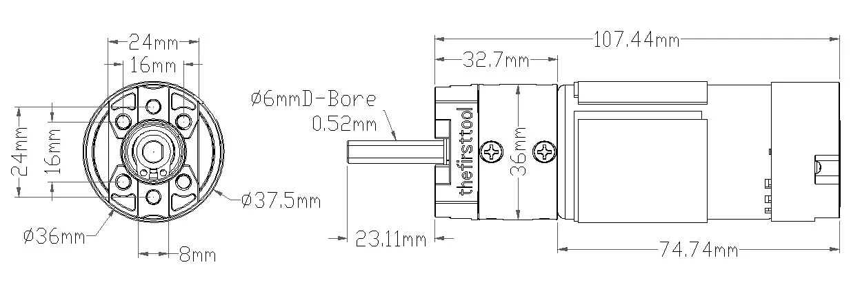 7202 Series Motor (1:1 Ratio, 24mm Length 6mm D Shaft, 6000 RPM, 3.3 - 5V Encoder) technical drawing