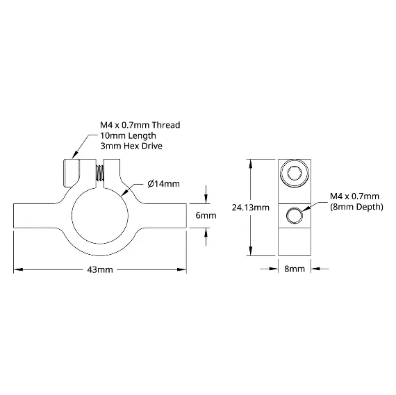 3402 Series 2-Side, 1-Post Clamping Mount (43mm Width, 14mm Bore) technical drawing