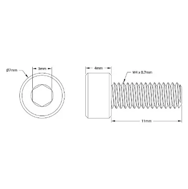 2800 Series Zinc-Plated Steel Socket Head Screw (M4 x 0.7mm, 11mm Length) technical drawing