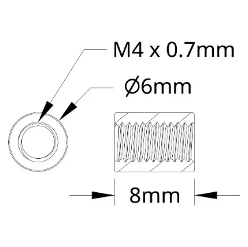 3501 Series M4 x 0.7mm Standoff (6mm OD, 8mm Length) technical drawing