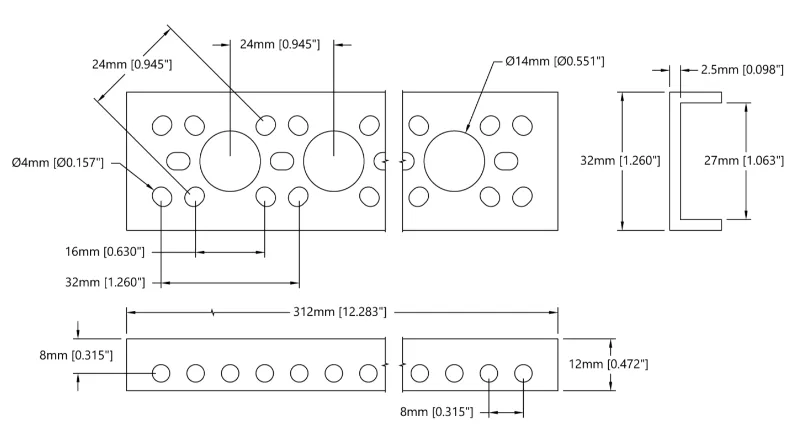 3143 Series Mini Low-Side U-Channel (12 Hole, 312mm Length) technical drawing