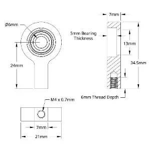3605 Series 1-Side, 1-Post Pillow Block (6mm Bore) technical drawing