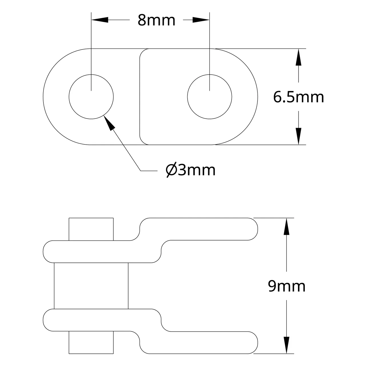 5309 Series 8mm Pitch Plastic Chain (50 Links/400mm, Black) technical drawing