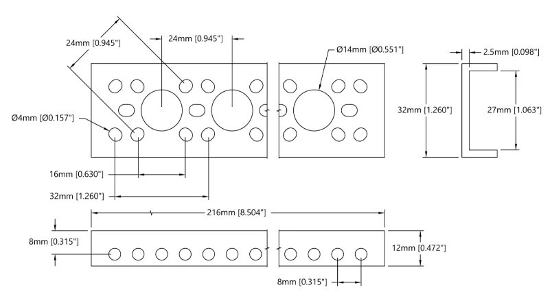 3143 Series Mini Low-Side U-Channel (8 Hole, 216mm Length) technical drawing