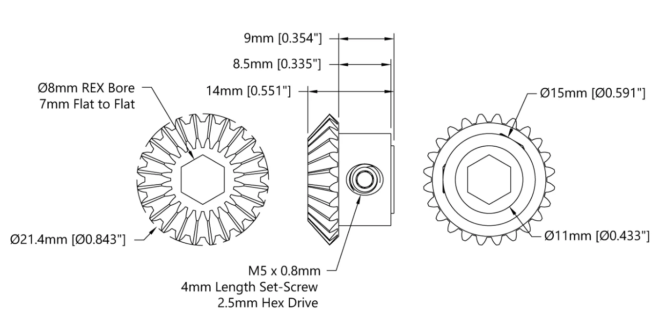 4317 Series Steel, MOD 0.8 Miter Gear (8mm REX Bore, 24 Tooth) technical drawing