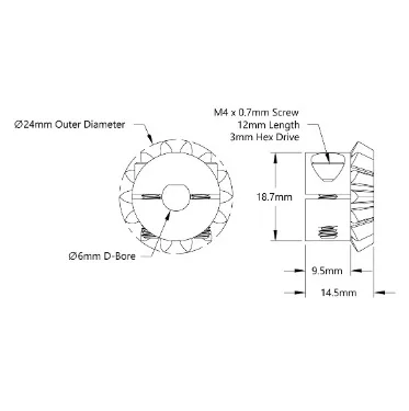 4306 Series Steel, MOD 1.5, Clamping Pinion Bevel Gear (6mm D-Bore, 14 Tooth) technical drawing