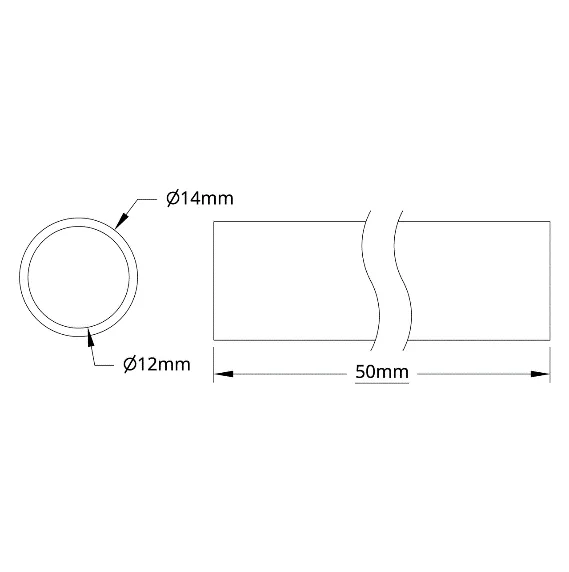 6100Series Aluminum Tube (12mm ID x 14mm OD, 50mm Length) technical drawing