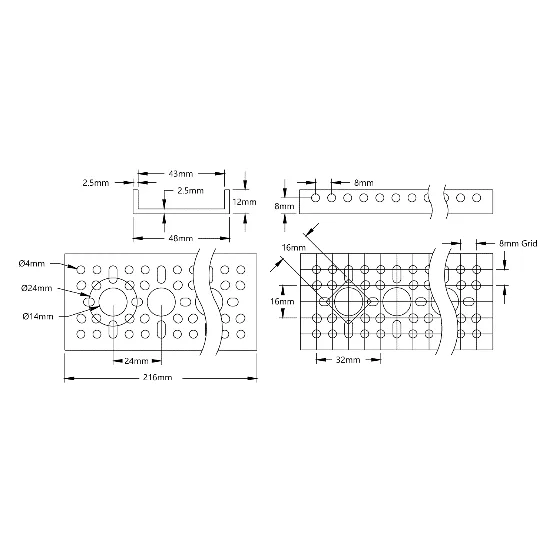 3121 Series Low-Side U-Channel (8 Hole, 216mm Length) technical drawing