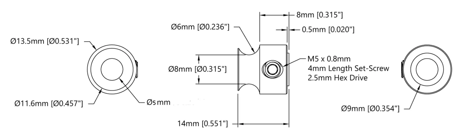 5401 Series Set Screw Round Belt Pulley (5mm Bore, 8mm PD) technical drawing