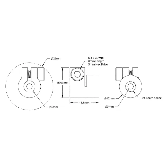 6001 Series Clamping Servo to Shaft Coupler (24 Tooth Spline to 6mm Round Bore) technical drawing