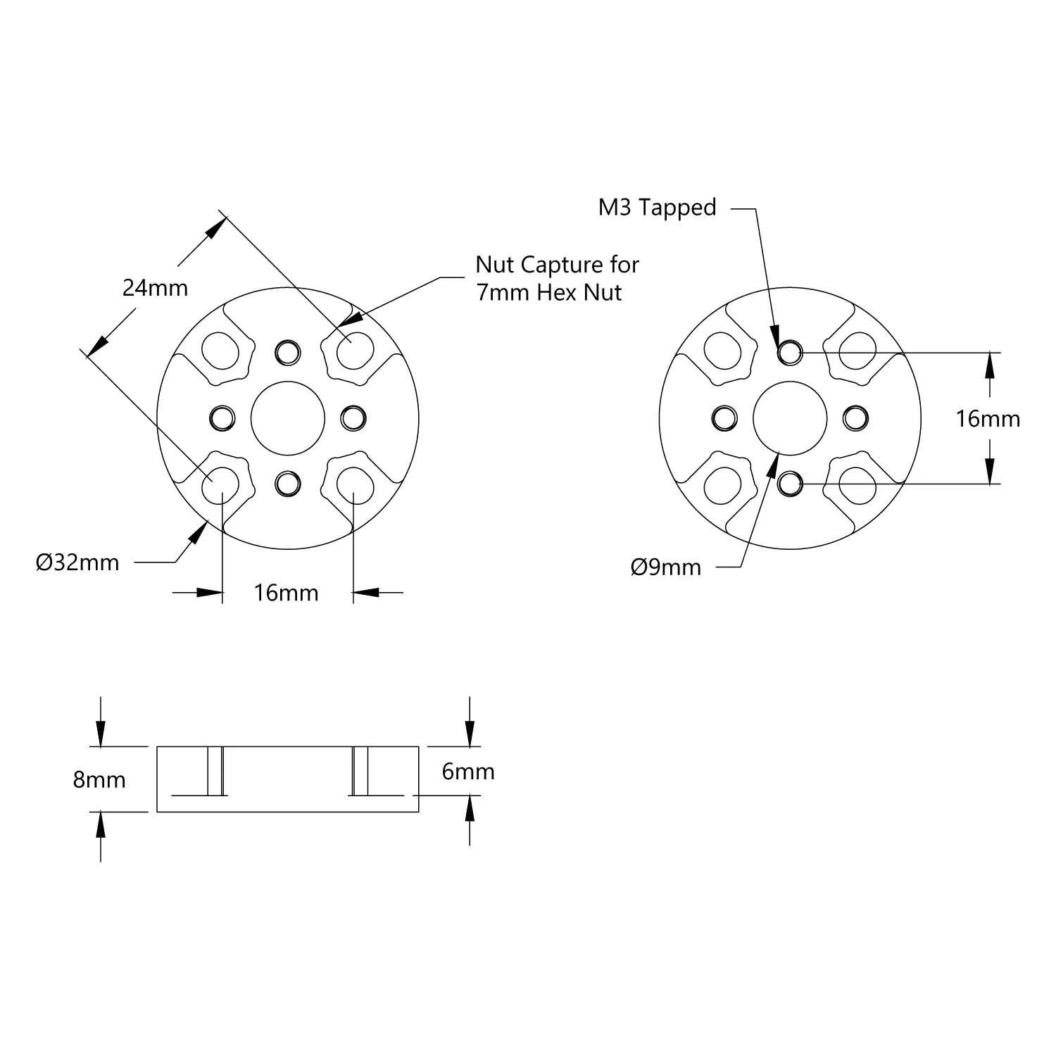 Threaded REV to Thru-Hole goBILDA Pattern Adaptor (16-9) technical drawing
