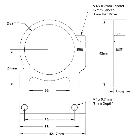 3400 Series 1-Side, 2-Post Clamping Mount (32mm Bore) technical drawing