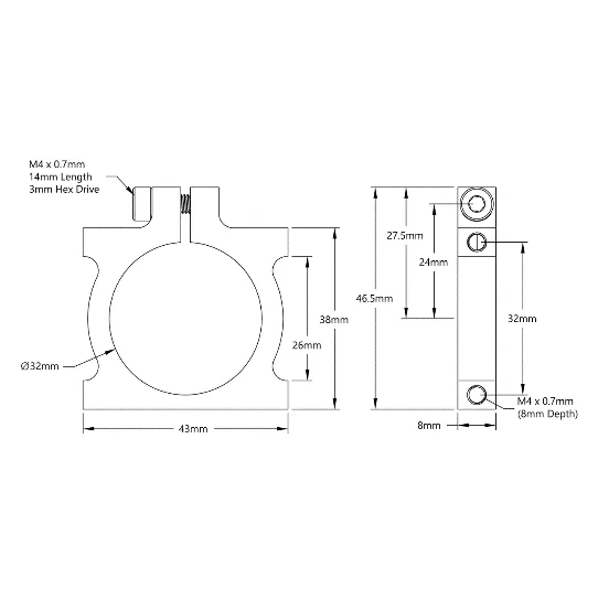 3401 Series 2-Side, 2-Post Clamping Mount (43mm Width, 32mm Bore) technical drawing