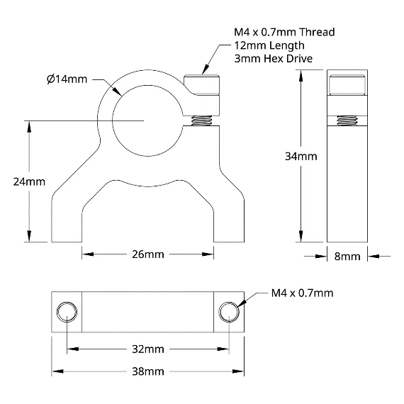 3400 Series 1-Side, 2-Post Clamping Mount (14mm Bore) technical drawing