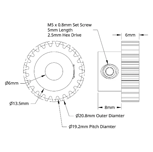 S4304 Series Steel, MOD 0.8, Round Bore, Set Screw Pinion Gear (6mm Bore, 24 Tooth) technical drawing