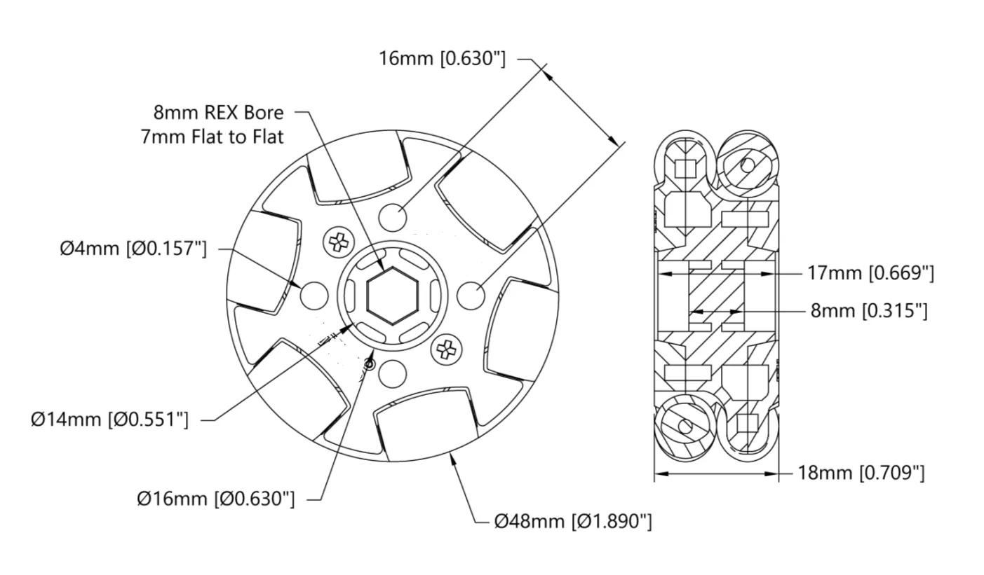 5624 Series Omni Wheel (8mm REX™ Bore, 48mm Diameter, 50A Durometer) technical drawing