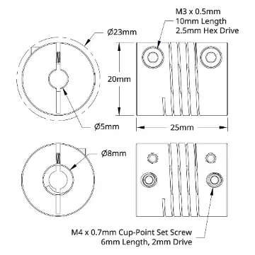 6002 Series Flexible Clamping Shaft Coupler (5mm Round Bore to 8mm Round Bore) technical drawing