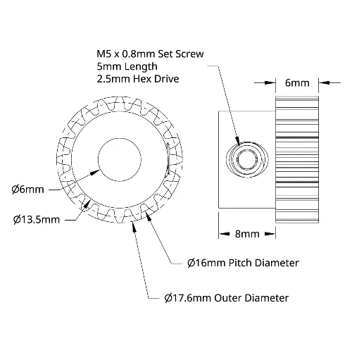 S4304 Series Steel, MOD 0.8, Round Bore, Set Screw Pinion Gear (6mm Bore, 20 Tooth) technical drawing