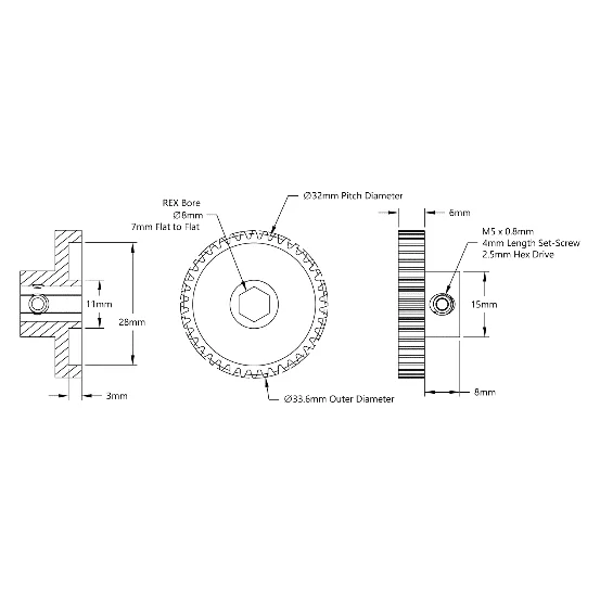4303 Series Steel, MOD 0.8 Pinion Gear (8mm REX Bore, 40 Tooth) technical drawing