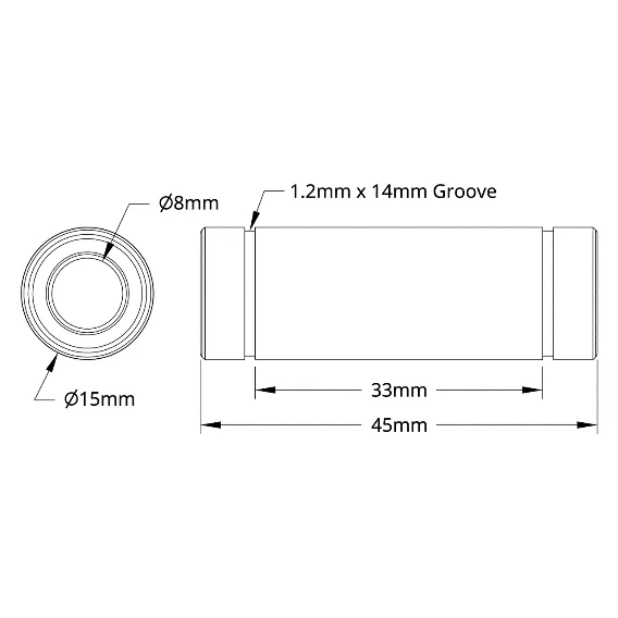 3612 Series Linear Ball Bearing (8mm ID x 15mm OD, 45mm Length) - 2 Pack technical drawing