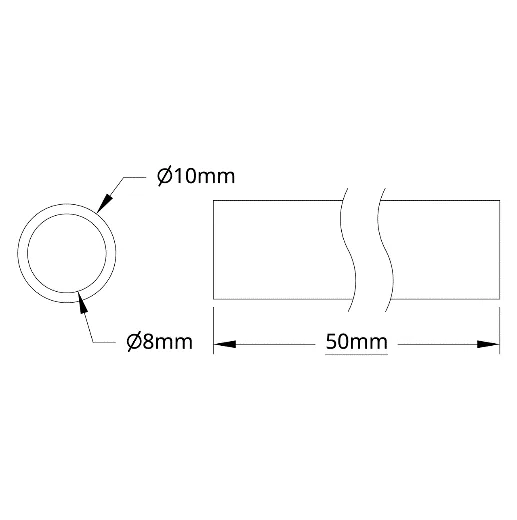 6100Series Aluminum Tube (8mm ID x 10mm OD, 50mm Length) technical drawing