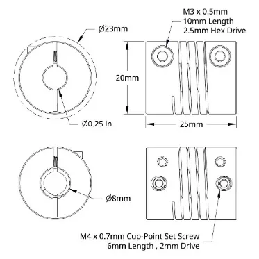 6002 Series Flexible Clamping Shaft Coupler (8mm Round Bore to 0.250" Round Bore) technical drawing