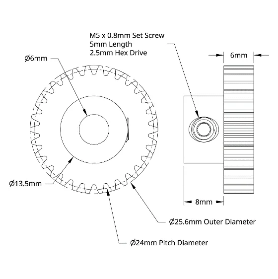 4304 Series Brass, MOD 0.8, Round Bore, Set Screw Pinion Gear (6mm Bore, 30 Tooth) technical drawing