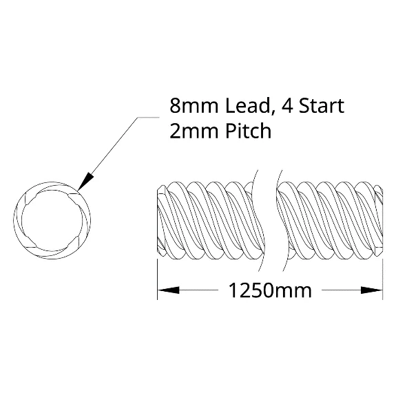 5501 Series Lead Screw (8mm Lead, 4 Start, 1250mm Length) technical drawing