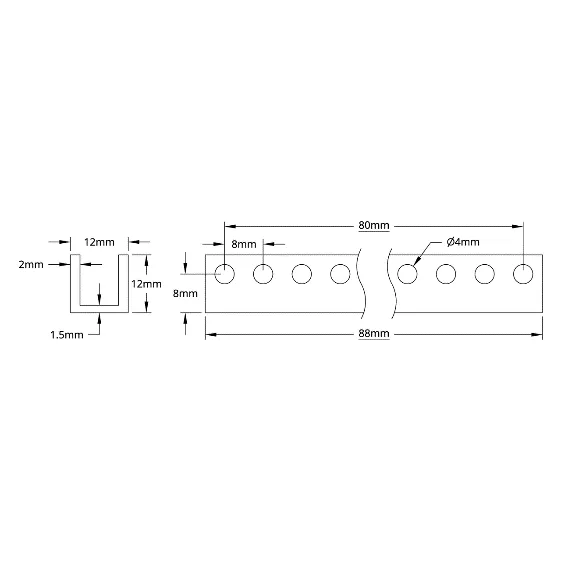 3101 Series U-Beam (11 Hole, 88mm Length) technical drawing
